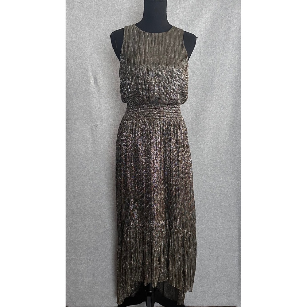 Banana Republic Metallic High Low Maxi Dress Gold Silver Size 4 Retro Glam Disco